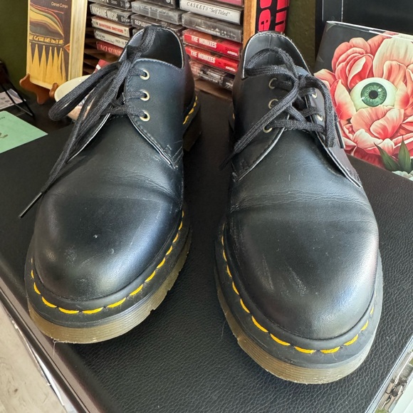 Dr. Martens Black Vegan Leather Oxfords with Yellow Stitching - Picture 1 of 7
